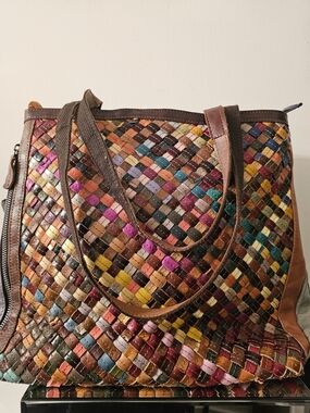 Vera Pelle Multicolor Woven Leather Tote with Brown Trim